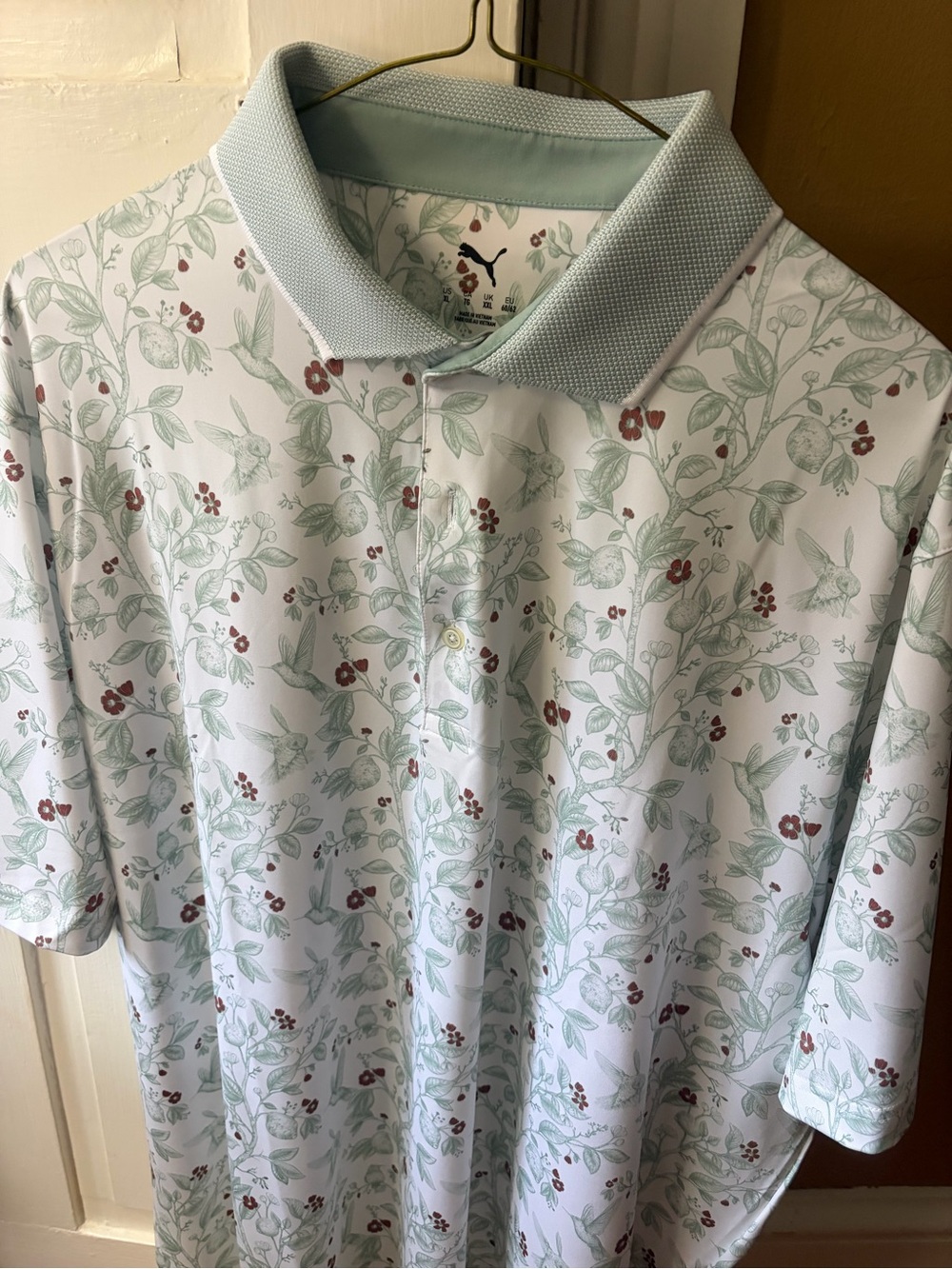 Puma Men's Mint Green Floral Polo with Maroon Accents